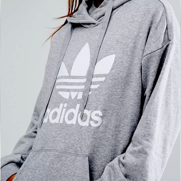 ADIDAS HEATHER GREY GRAY FLEECE PULLOVER HOODIE OVERSIZE ADICOLOR TREFOIL JACKET - Picture 2 of 8